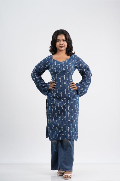 Women's Indigo Blue Floral Clover Handlock Cotton Long Kurti