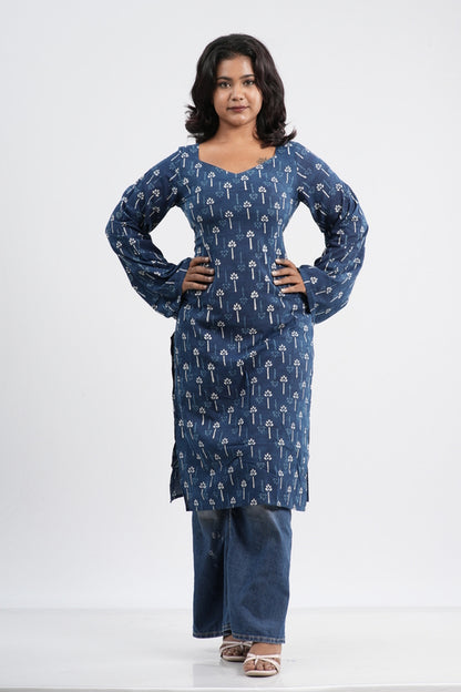 Women's Indigo Blue Floral Clover Handlock Cotton Long Kurti