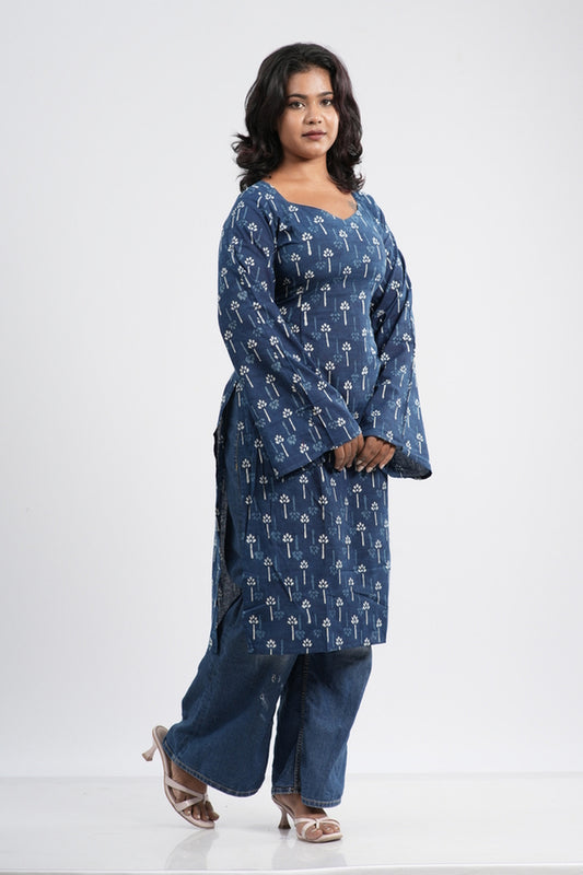 Women's Indigo Blue Floral Clover Handlock Cotton Long Kurti