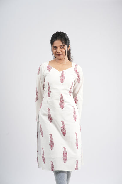 Women's Off-White & Red Floral Cotton Long Kurti