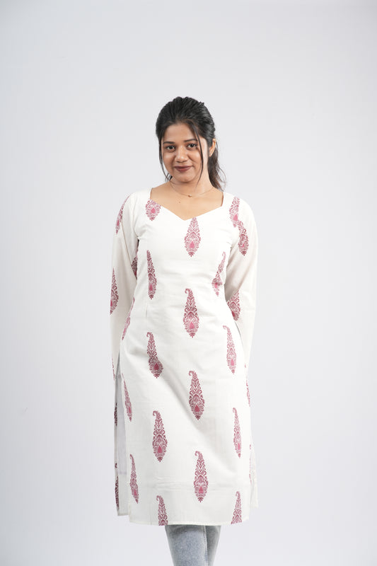 Women's Off-White & Red Floral Cotton Long Kurti