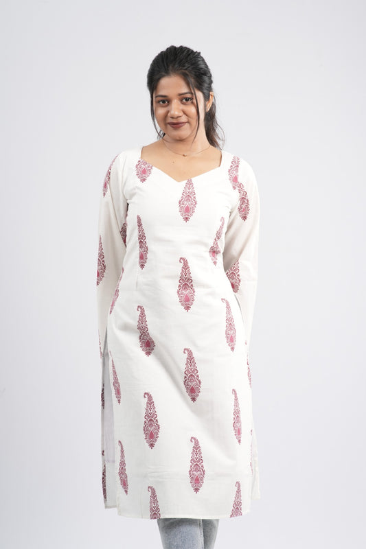 Women's Off-White & Red Floral Cotton Long Kurti