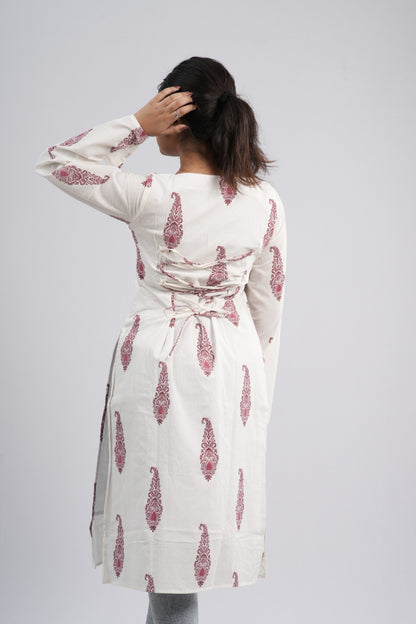 Women's Off-White & Red Floral Cotton Long Kurti