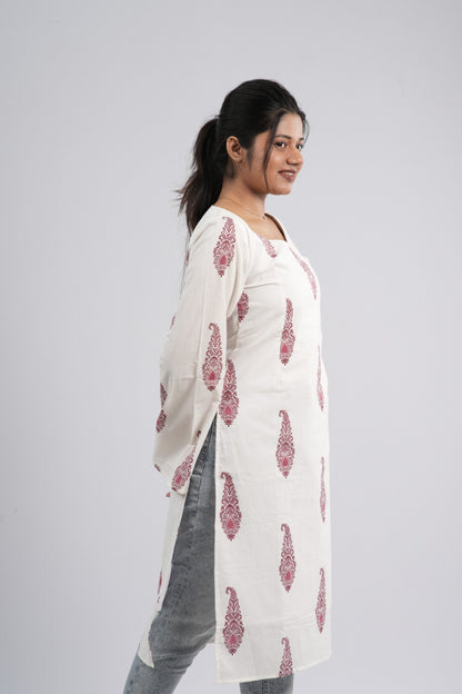 Women's Off-White & Red Floral Cotton Long Kurti