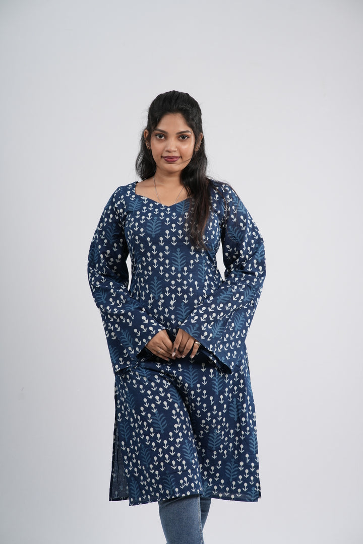 Women's Indigo Blue Anchor Buti Handblock Cotton Long Kurti