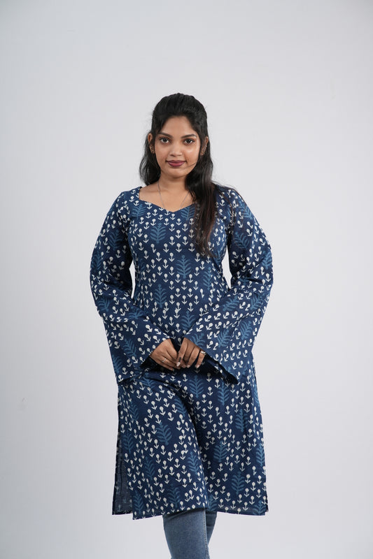 Women's Indigo Blue Anchor Buti Handblock Cotton Long Kurti