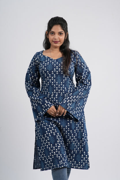 Women's Indigo Blue Anchor Buti Handblock Cotton Long Kurti