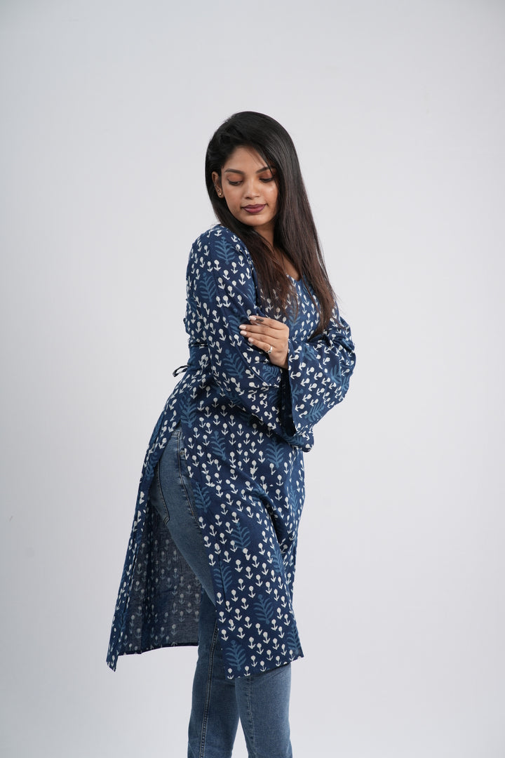 Women's Indigo Blue Anchor Buti Handblock Cotton Long Kurti