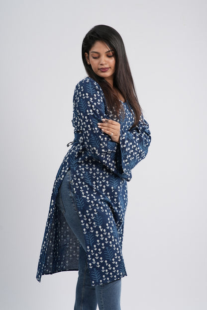 Women's Indigo Blue Anchor Buti Handblock Cotton Long Kurti