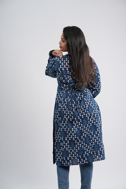 Women's Indigo Blue Anchor Buti Handblock Cotton Long Kurti