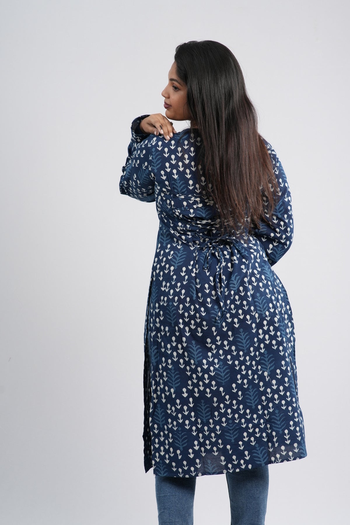Women's Indigo Blue Anchor Buti Handblock Cotton Long Kurti