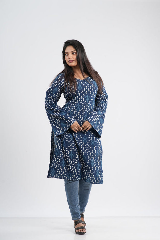 Women's Indigo Blue Anchor Buti Handblock Cotton Long Kurti