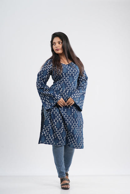 Women's Indigo Blue Anchor Buti Handblock Cotton Long Kurti
