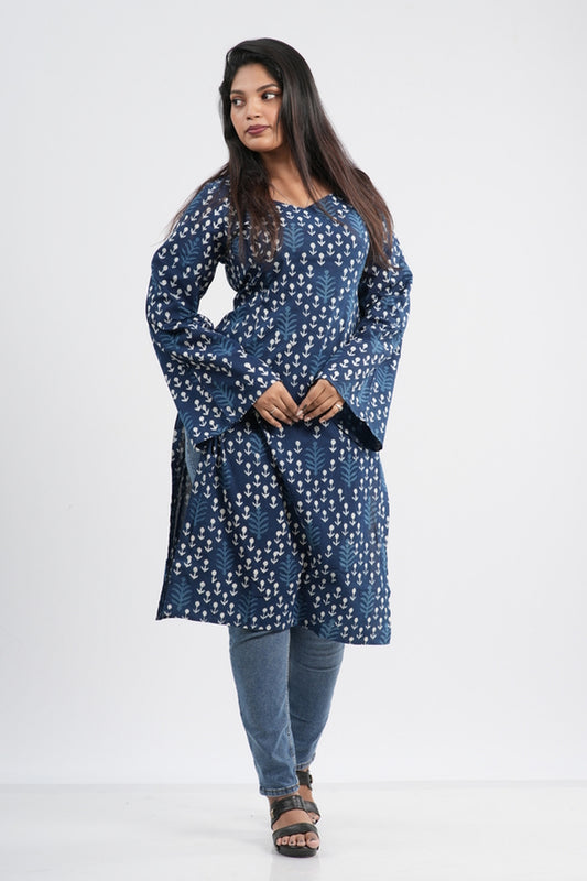 Women's Indigo Blue Anchor Buti Handblock Cotton Long Kurti