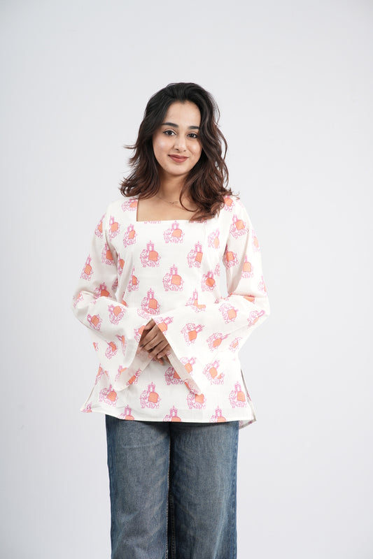 Women's Off-White & Orange Floral Cotton Short Kurti