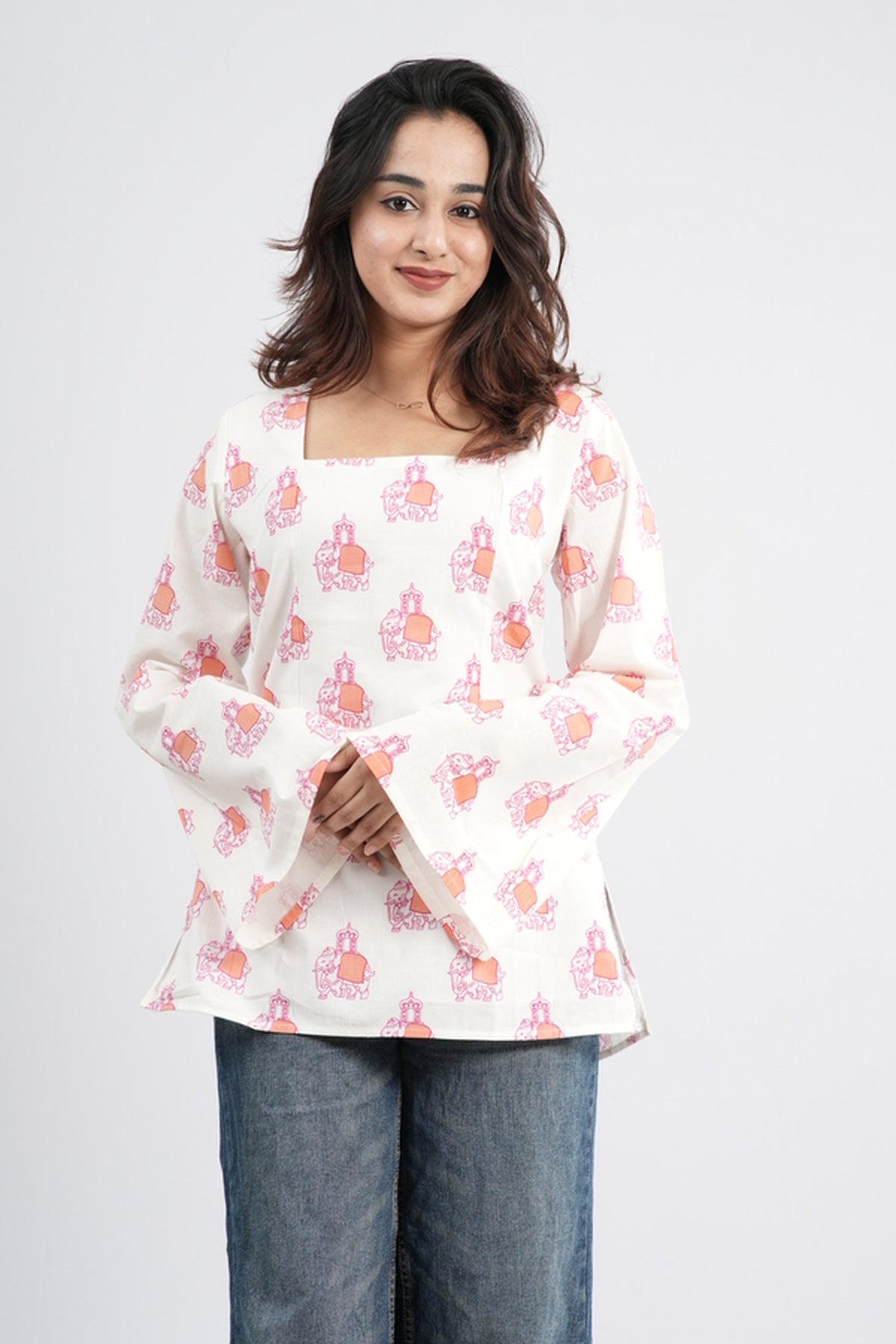 Women's Off-White & Orange Floral Cotton Short Kurti