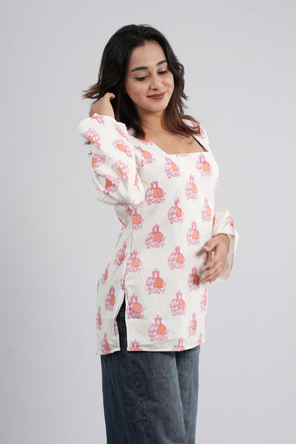 Women's Off-White & Orange Floral Cotton Short Kurti