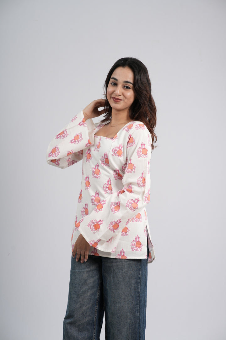 Women's Off-White & Orange Floral Cotton Short Kurti