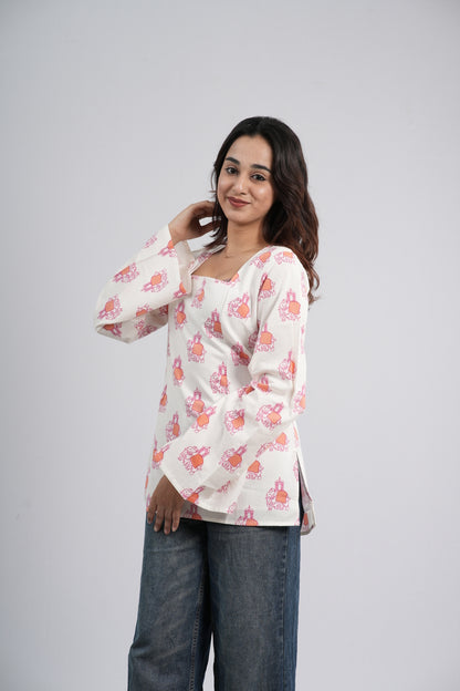 Women's Off-White & Orange Floral Cotton Short Kurti