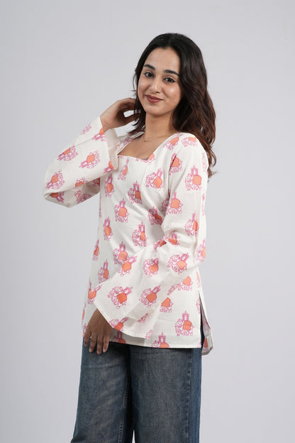 Women's Off-White & Orange Floral Cotton Short Kurti