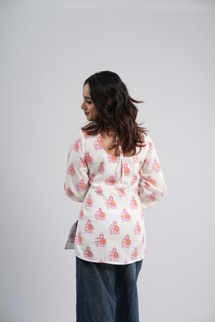 Women's Off-White & Orange Floral Cotton Short Kurti