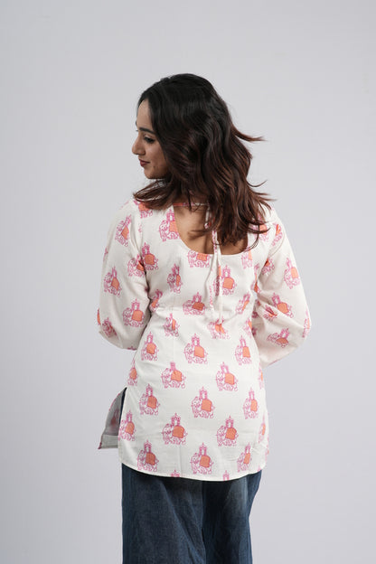 Women's Off-White & Orange Floral Cotton Short Kurti