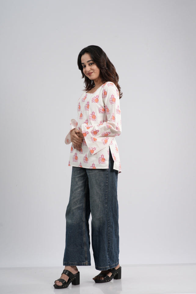 Women's Off-White & Orange Floral Cotton Short Kurti