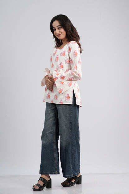 Women's Off-White & Orange Floral Cotton Short Kurti