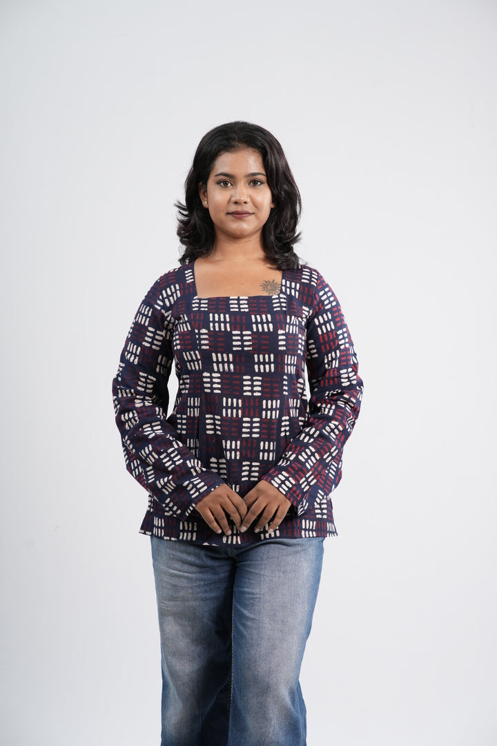 Women's Indigo Blue Geometric Print Cotton Short Kurti