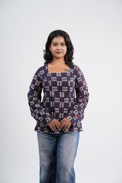 Women's Indigo Blue Geometric Print Cotton Short Kurti