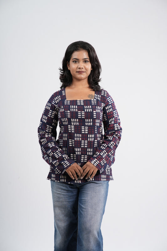 Women's Indigo Blue Geometric Print Cotton Short Kurti