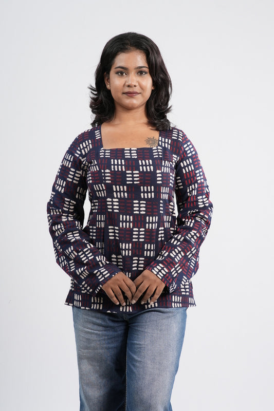 Women's Indigo Blue Geometric Print Cotton Short Kurti