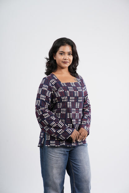 Women's Indigo Blue Geometric Print Cotton Short Kurti
