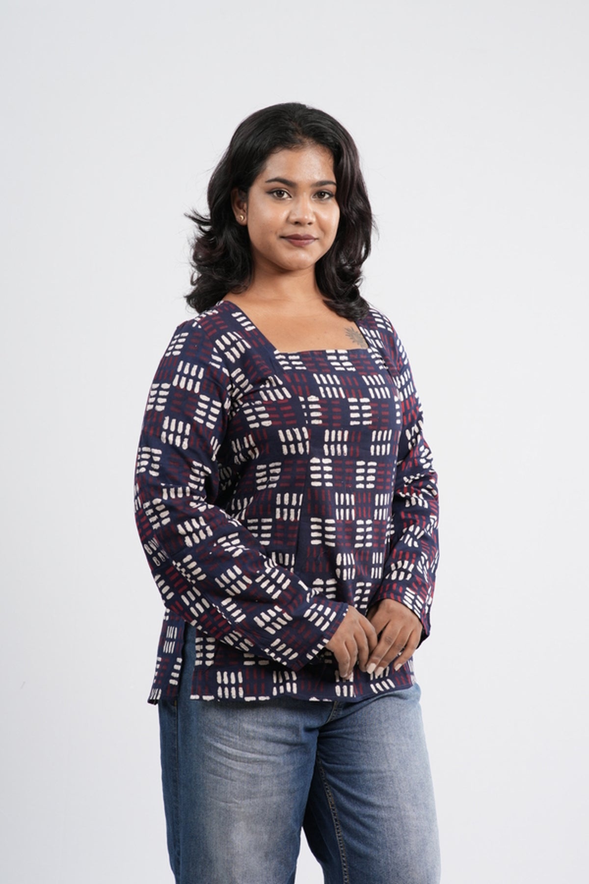 Women's Indigo Blue Geometric Print Cotton Short Kurti