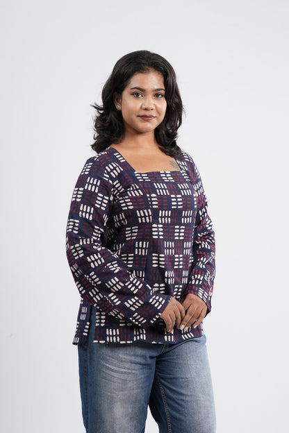 Women's Indigo Blue Geometric Print Cotton Short Kurti