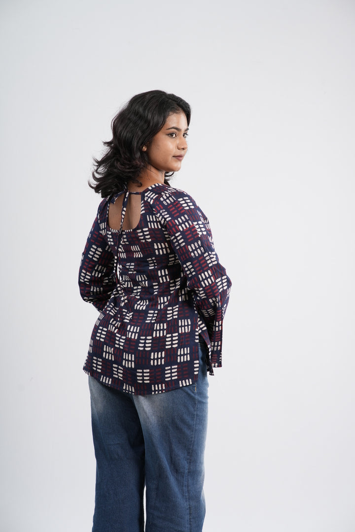 Women's Indigo Blue Geometric Print Cotton Short Kurti