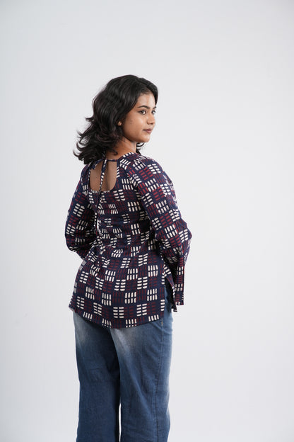 Women's Indigo Blue Geometric Print Cotton Short Kurti