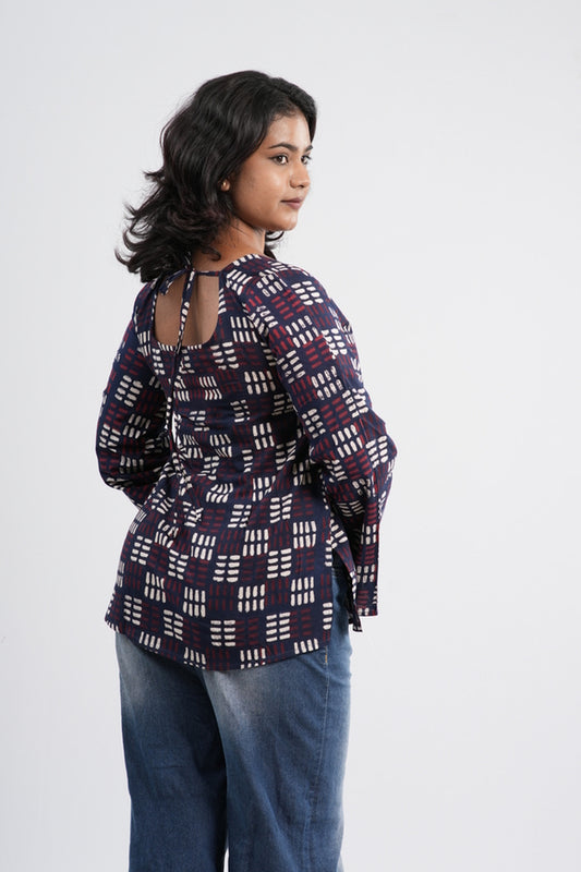 Women's Indigo Blue Geometric Print Cotton Short Kurti