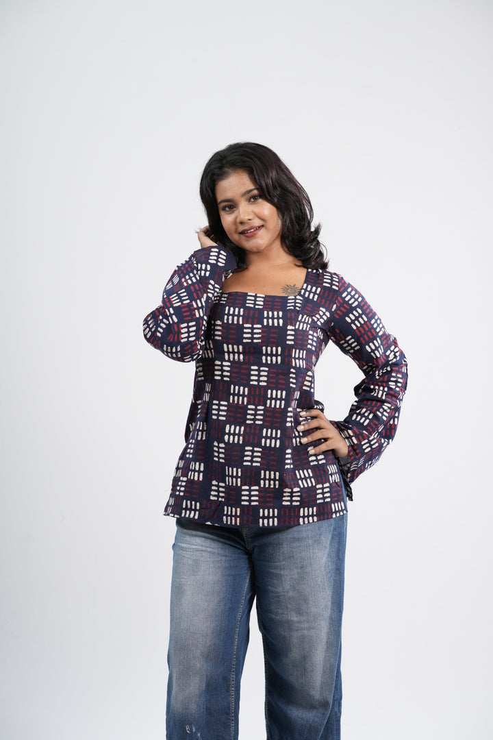 Women's Indigo Blue Geometric Print Cotton Short Kurti