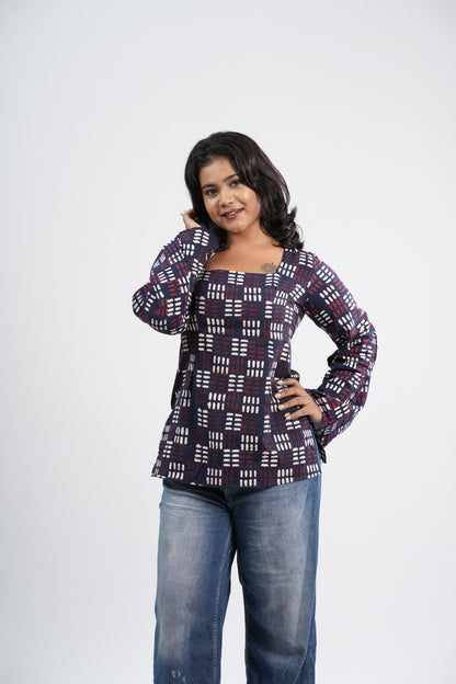 Women's Indigo Blue Geometric Print Cotton Short Kurti