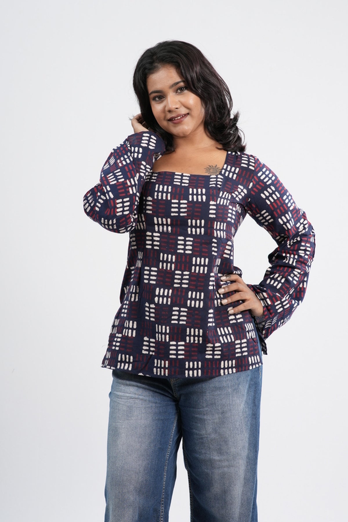 Women's Indigo Blue Geometric Print Cotton Short Kurti