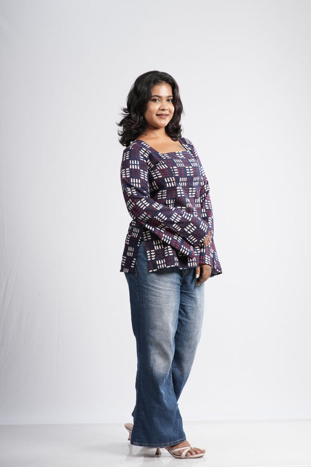 Women's Indigo Blue Geometric Print Cotton Short Kurti