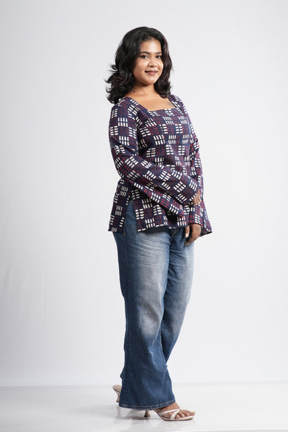 Women's Indigo Blue Geometric Print Cotton Short Kurti