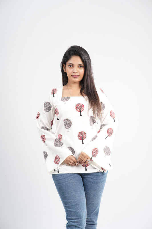 Women's Off-White & Red Tree Cotton Short Kurti