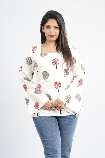 Women's Off-White & Red Tree Cotton Short Kurti