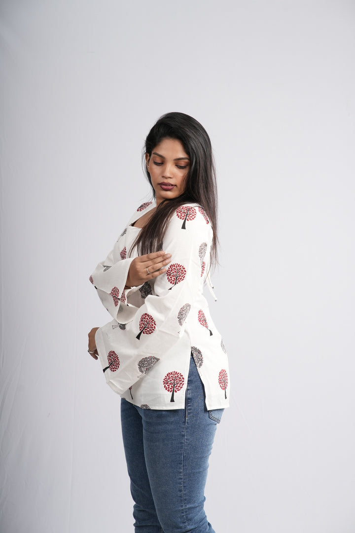 Women's Off-White & Red Tree Cotton Short Kurti