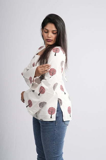 Women's Off-White & Red Tree Cotton Short Kurti