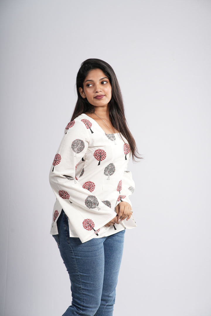 Women's Off-White & Red Tree Cotton Short Kurti