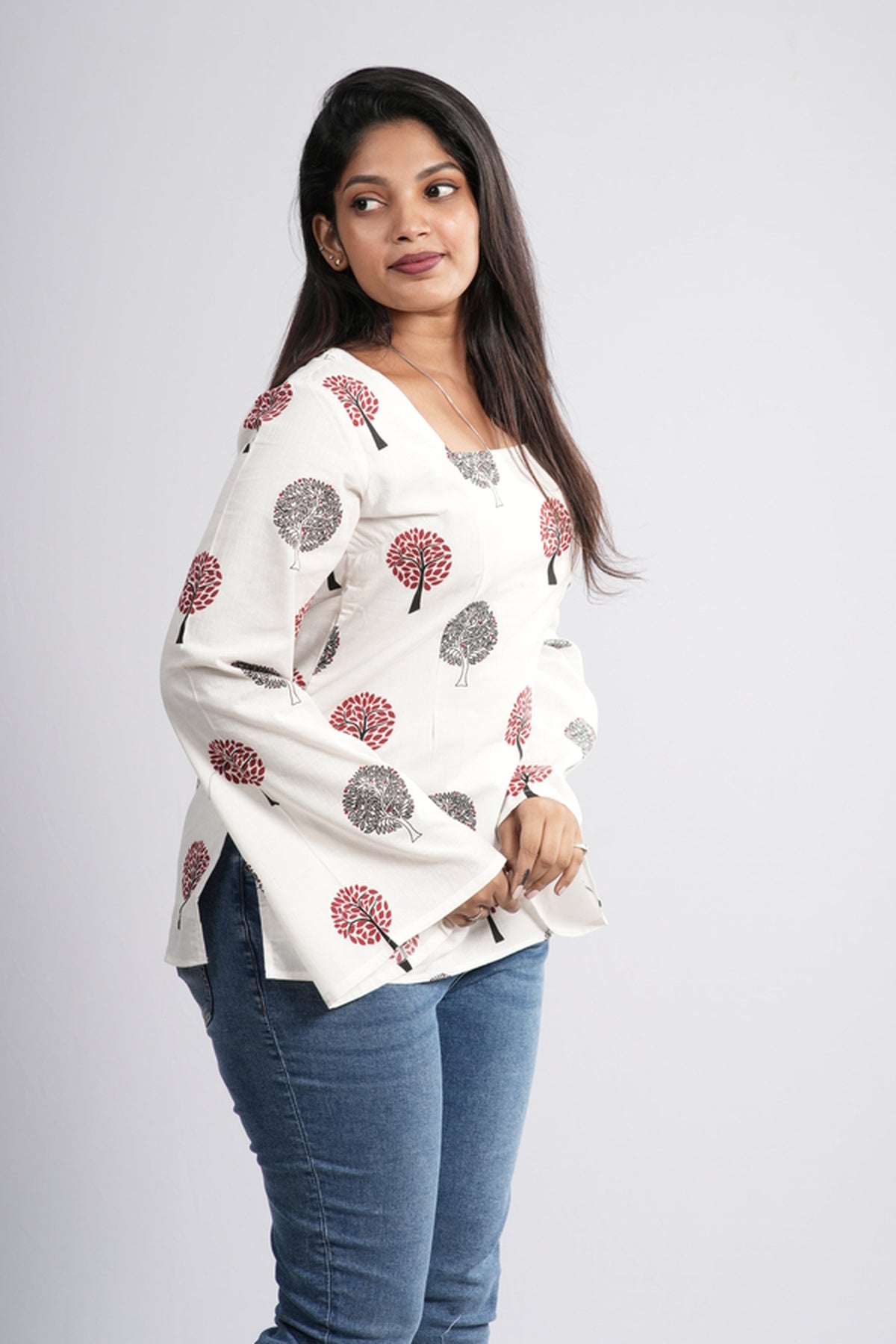 Women's Off-White & Red Tree Cotton Short Kurti