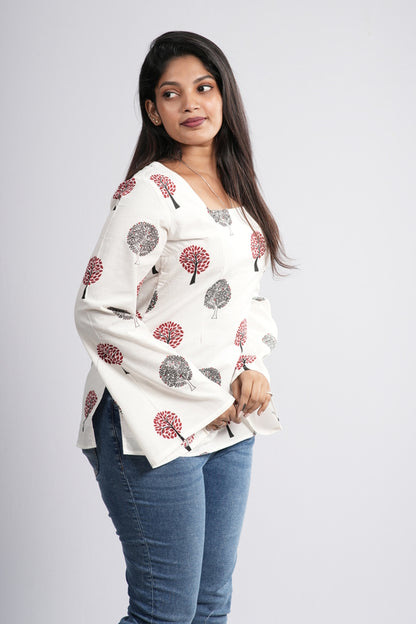 Women's Off-White & Red Tree Cotton Short Kurti